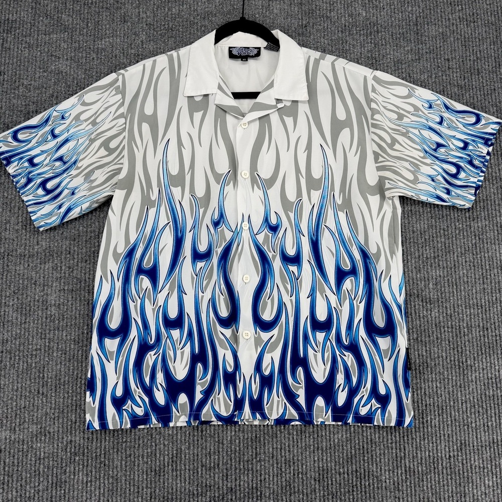 Vintage Silver Point men's Y2K flame button up shirt blue tribal XL